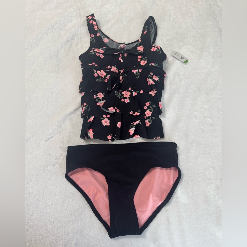 JUSTICE Girls Swimsuit Tankini Black Floral Bikini Size 12